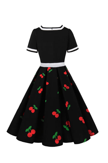 Vestido Vintage Estampado Negro Cuello en V Mangas Cortas